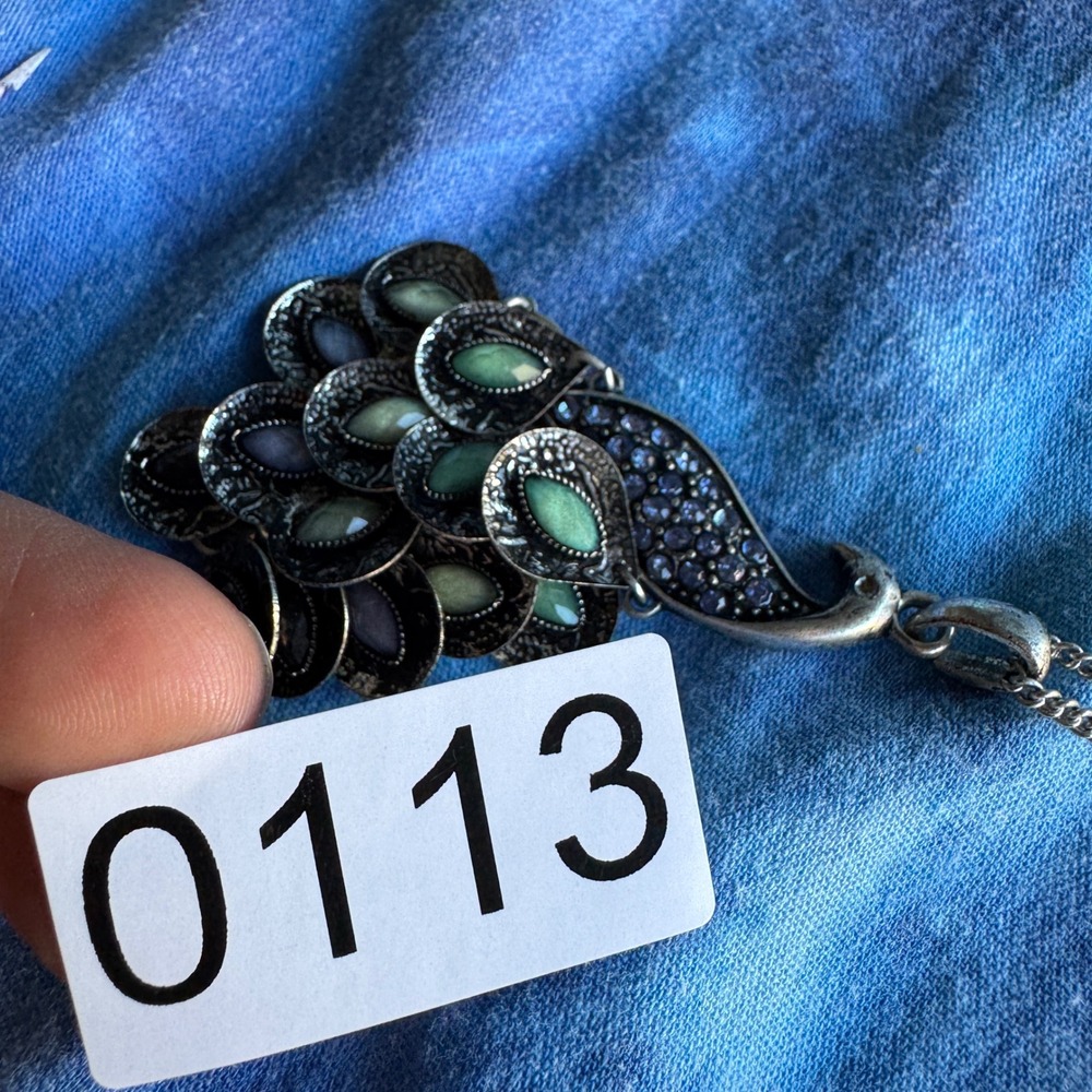 Vintage Peacock Statement Necklace Silver Green Blue Bird Articulated Dangle - Picture 6 of 12